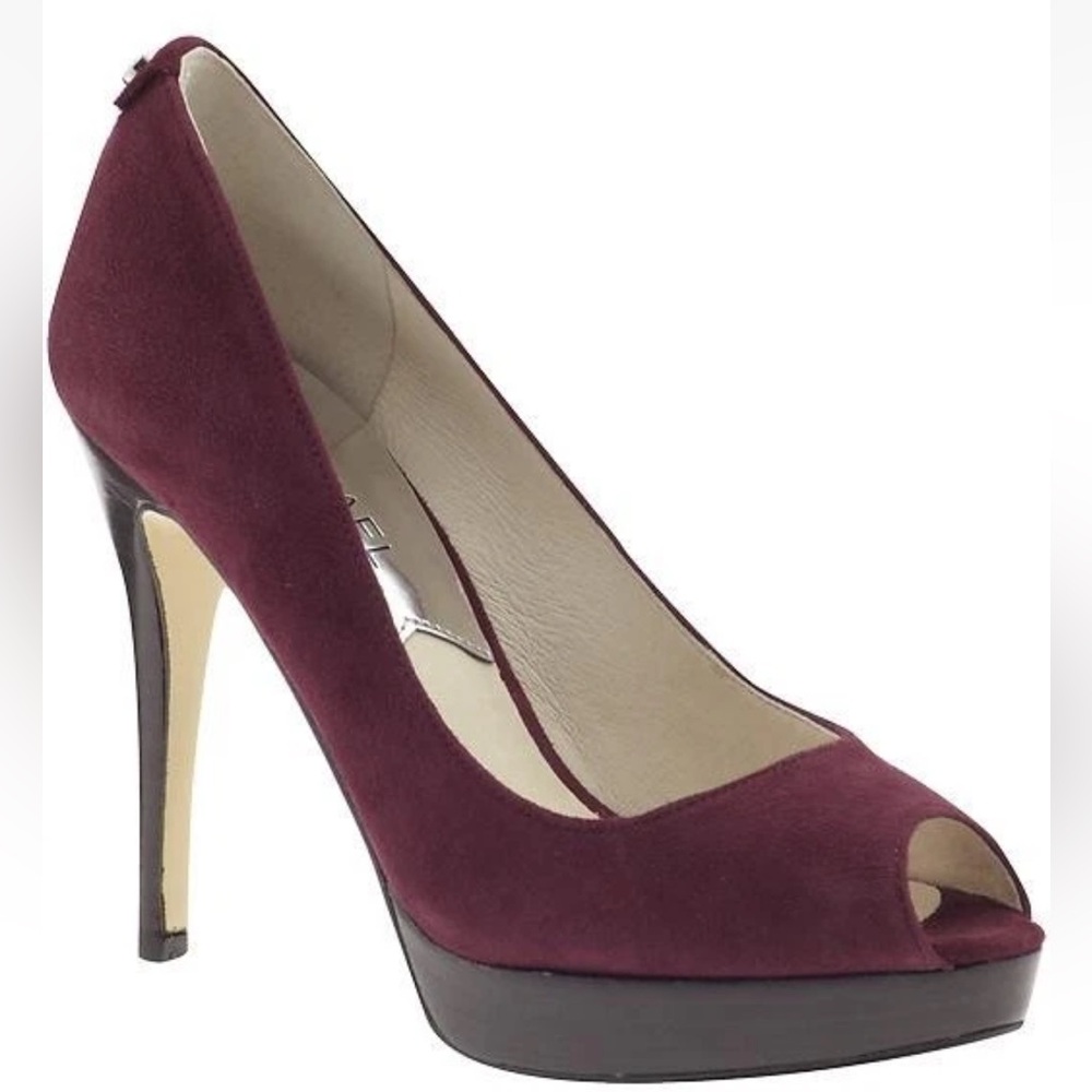 Michael Kors NWT, Suede Pump, 7 Medium Bordeaux Burgundy Red Peep Toe